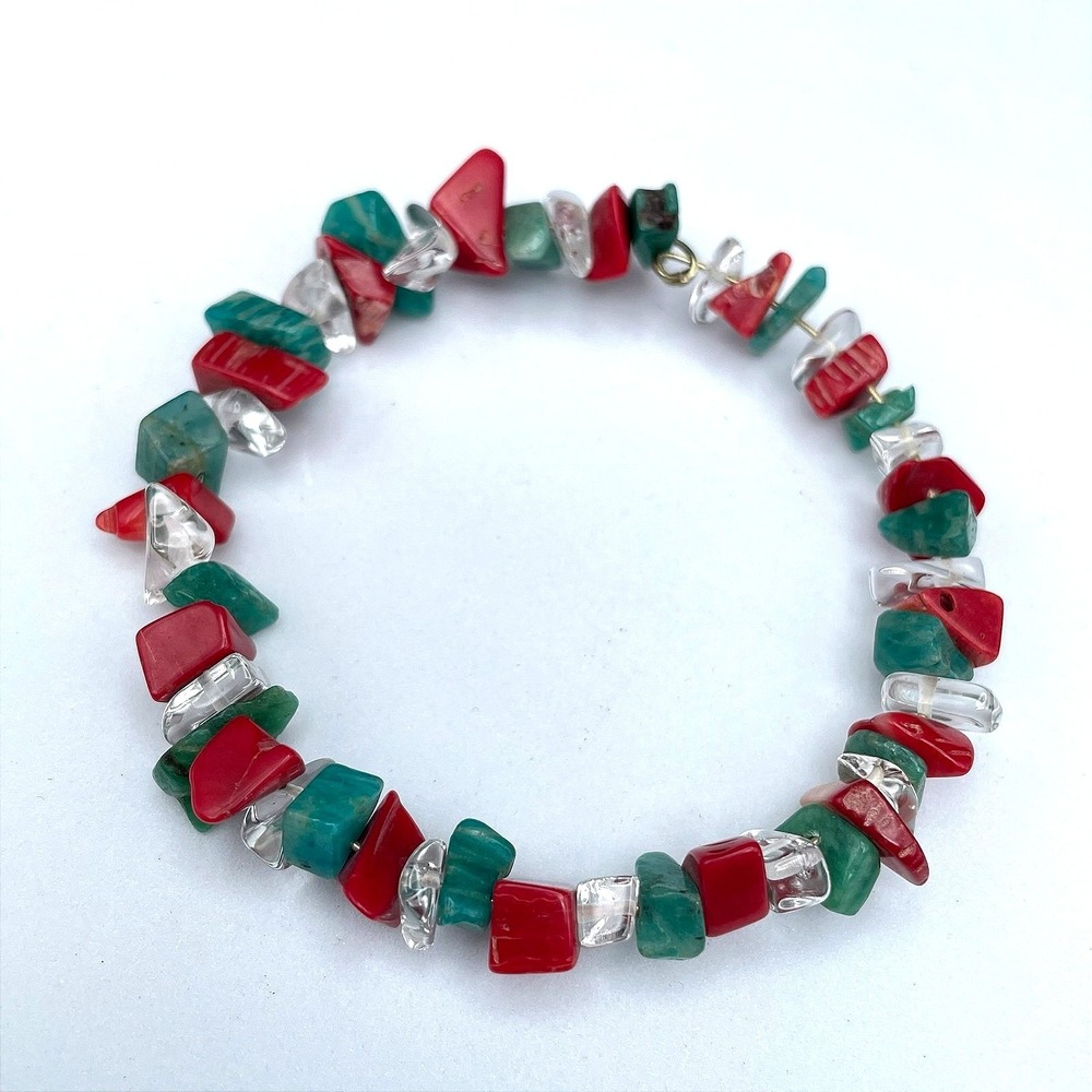 Vintage Natural Red Coral Turquoise Clear Quartz Chip Stretch Bracelet Jewelry